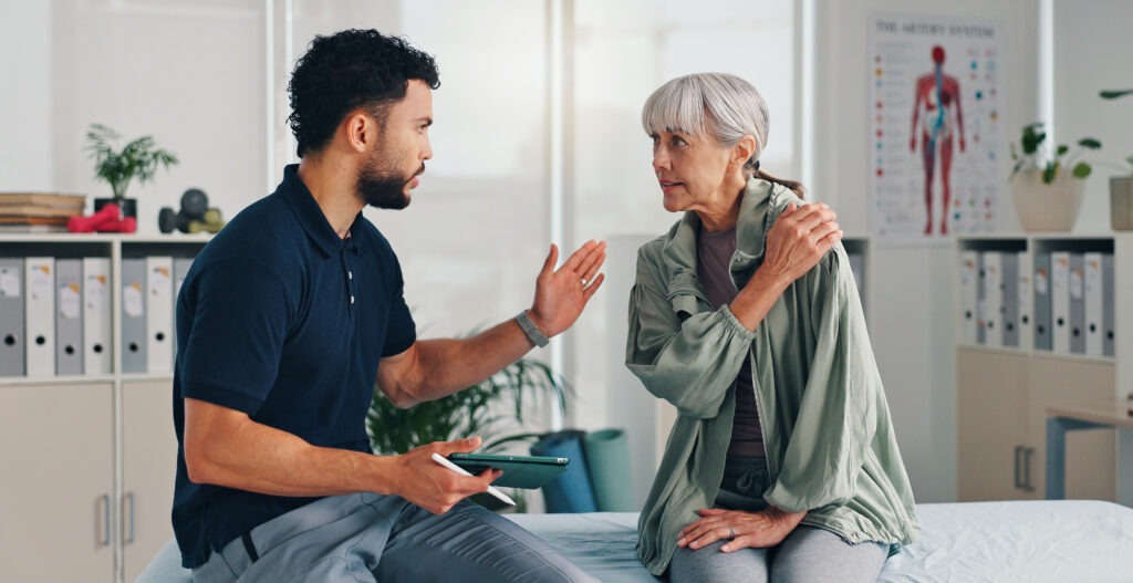 tablet physical therapy and senior woman with sho 2025 01 02 20 35 20 utc